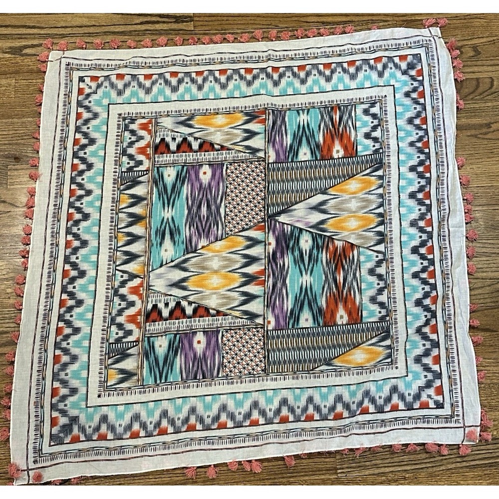 BCBGMAXAZRIA Ikat Print Square‎ Scarf 42"x42" Tassels Multicolor Cotton